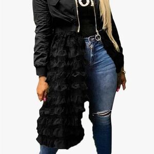 Varsity Bomber Jackets Women Long Sleeve Trench Coat Dress  Tulle Mesh Hems